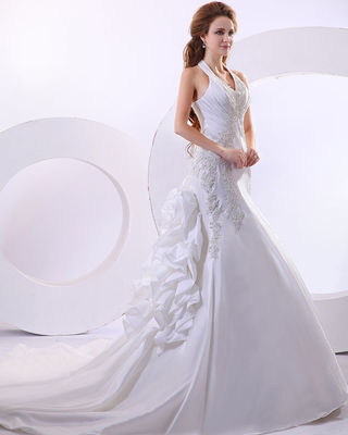 섹시한 딥 V 할터 목 웨딩 드레스 롤드 긴 꼬리 웨딩 드레스